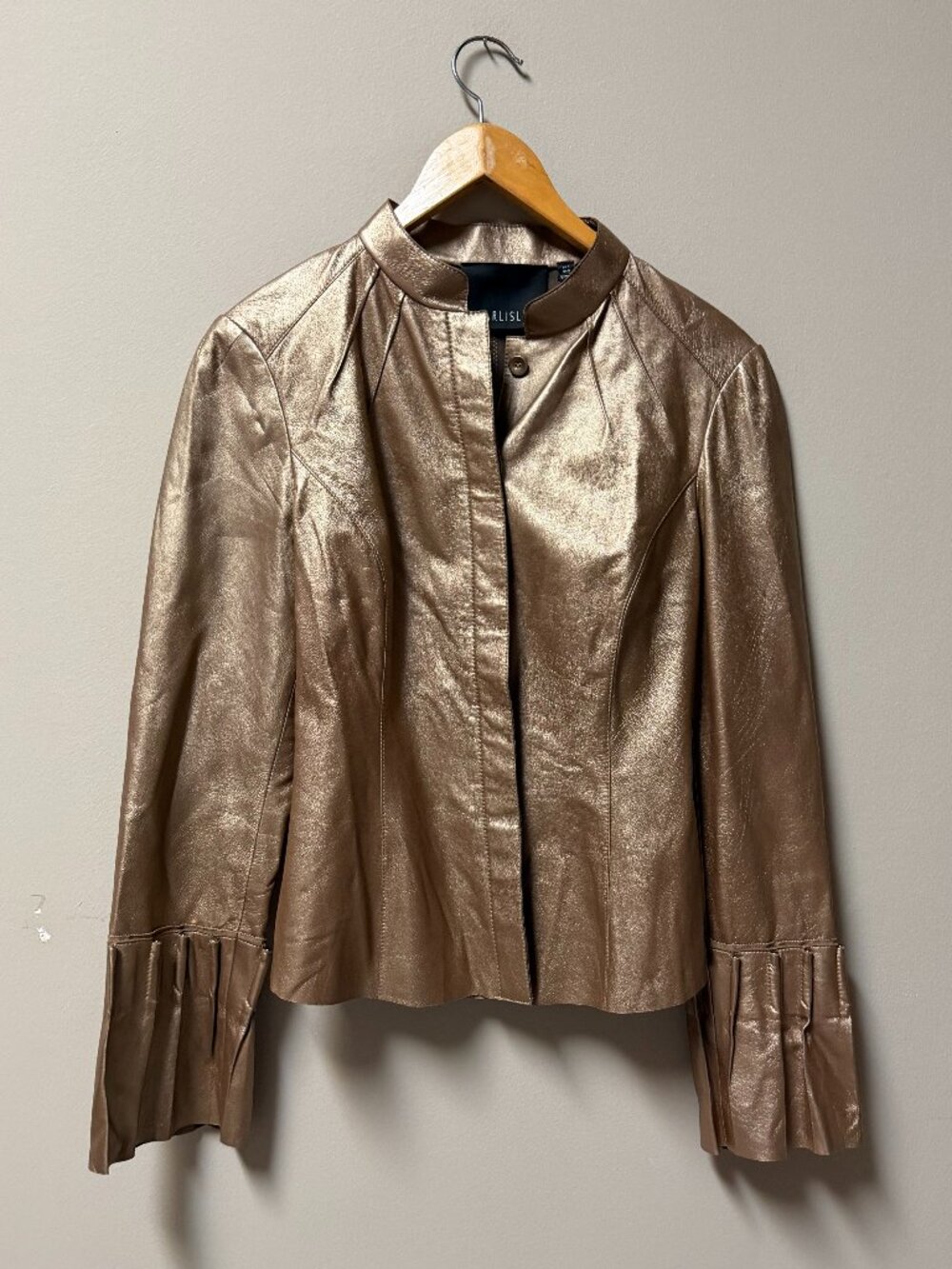 Carlisle Genuine Leather Jacket Gold Metallic Statement Sleeves Size 4